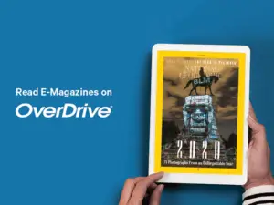 "Read E-Magazines on OverDrive" showing a magazine on a tablet
