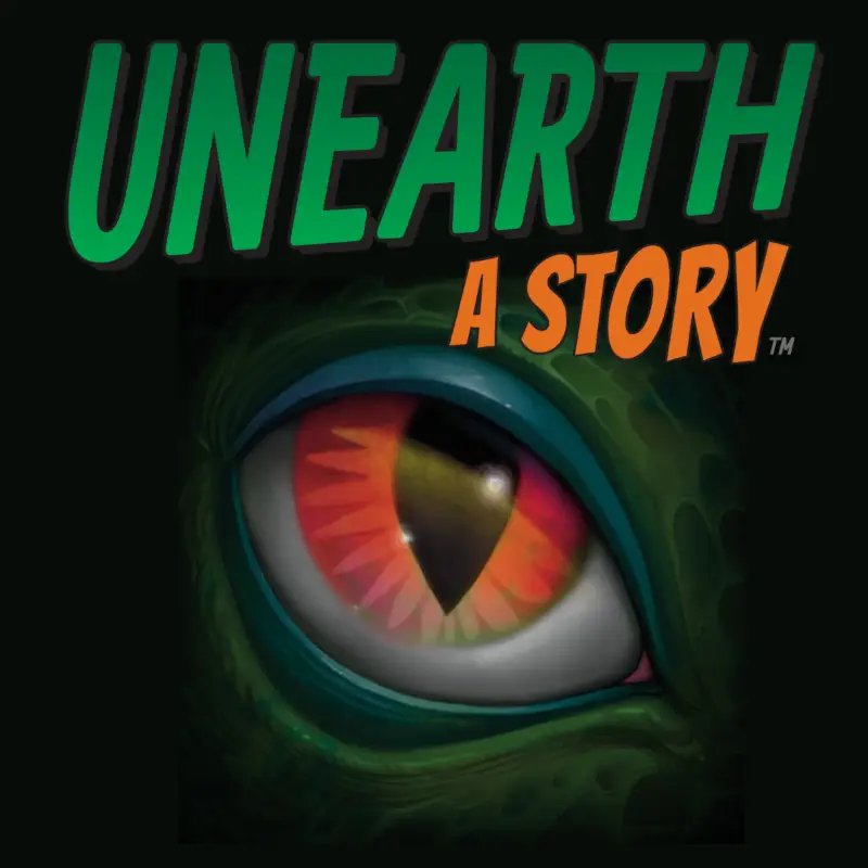 dinosaur eye and "unearth a story" caption