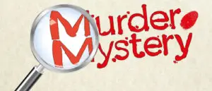 magnifying glass over the words "Murder Mystery" and a fingerprint, all in red