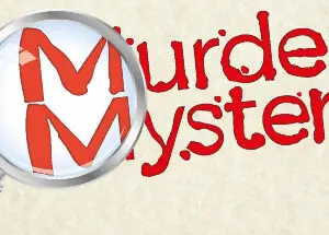 magnifying glass over the words "Murder Mystery" and a fingerprint, all in red