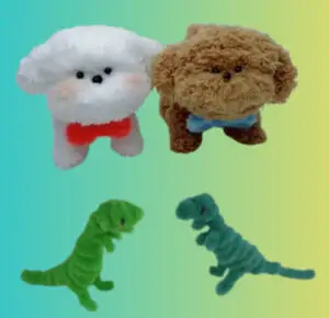 plush dogs and dinosaurs