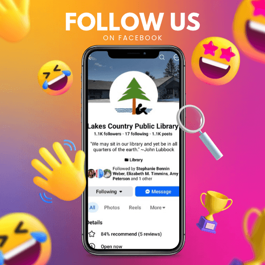 The library's Facebook page is open on a phone, with emojis floating in the background